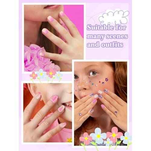 130PCS Kids Press on Nails, TOROKOM Fake Nails Set Short Square Glue on Nails for Girls Gift 8-12 Age, Heart Flower Butterfly Stick on Nails for Kids with Jelly Nail Adhesives & Glue