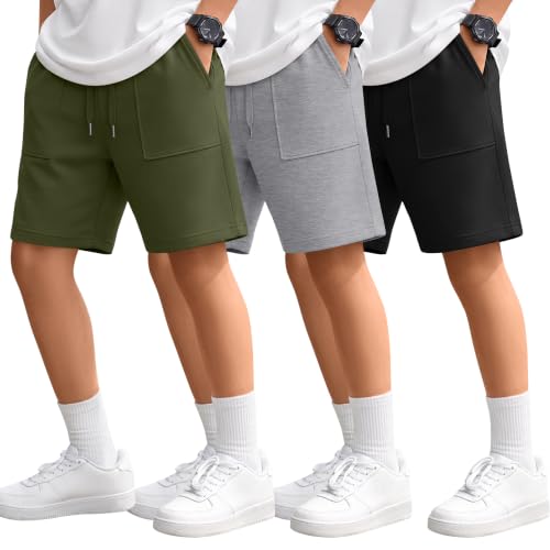 Boys' Athletic Shorts 3-Pack with Variations - Army Green, Gray, Black, 14-16 Years