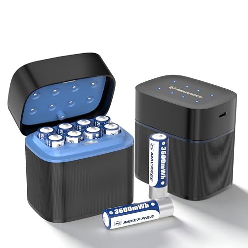Blue Maxfree Rechargeable AA Lithium Batteries with Charger 8-Pack 1.5V 3600mWh