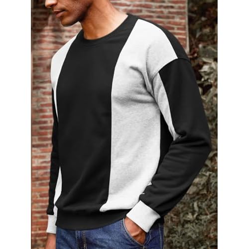 Runcati Mens Color Block Sweatshirt Pullover Crewneck Long Sleeve Fleece Casual Ribbed Patchwork Fall Tops