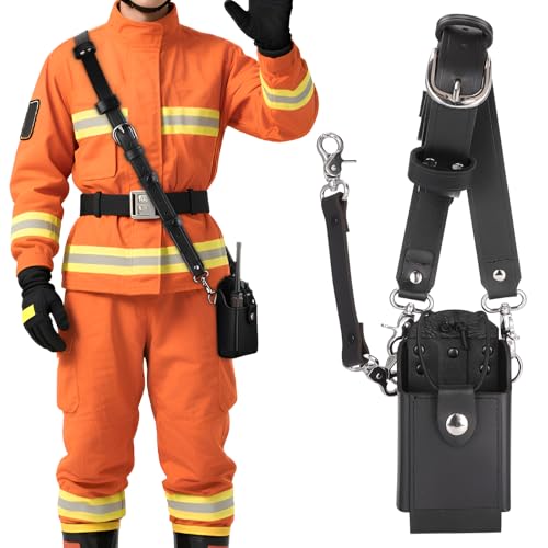 Black Leather Firefighter Radio Holster Set with Anti-Sway Strap for Motorola APX Series
