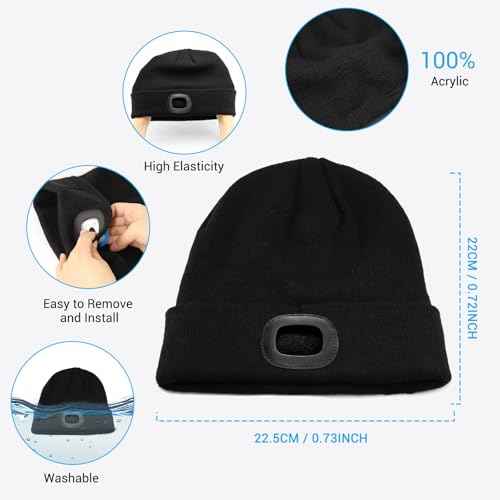 Unisex Beanie Hat with LED Light, USB Rechargeable Headlamp Caps, Windproof Warm Knit hat for Adults, 3 Brightness Modes for Fishing, Camping, Hiking Black