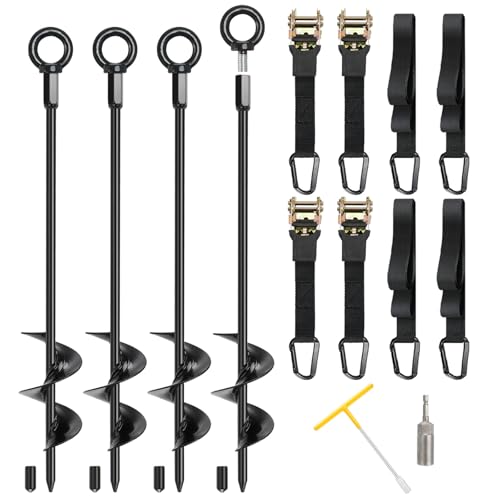 4PCS Trampoline Anchors Kit with 18" Ground Stakes & Ratchet Straps - Heavy Duty Windproof Tie Down Set