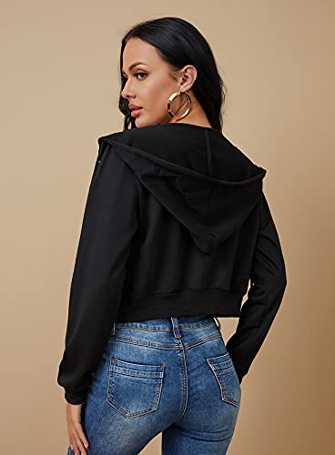 Women's Cropped Hooded Sweatshirt Zip Up Hoodie Small Black Casual Long Sleeve Top