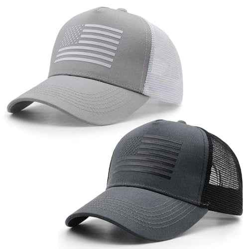 2 Packs American Flag Trucker Hat, Adjustable Mesh Snapback USA Flag Baseball Caps for Men Women