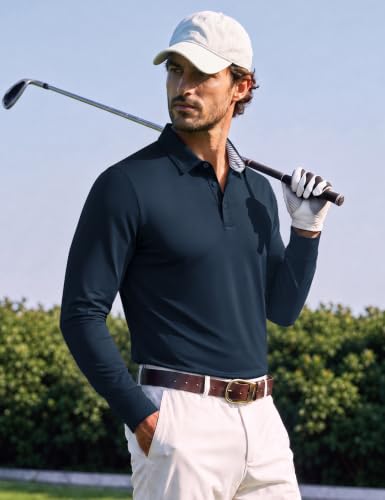 Men's Long Sleeve Polo Shirt Performance Quick Dry Golf Shirt Large Navy