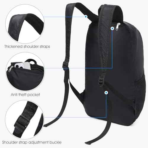 Lightweight Hiking Backpack Small,Waterproof Hiking Daypack,Foldable Backpack for Travel,Ultralight Daypack(Nylon, Black)