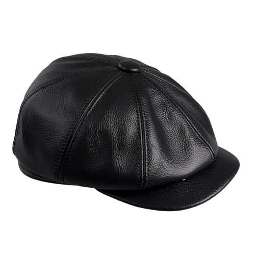 Men's Newsboy Flat Cap - Genuine Cowhide Leather Gatsby Ivy Golf Cabbie Hat XX-Large Black