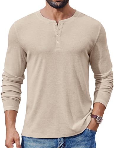 Men's Henley Shirt Long Sleeve Casual T-Shirt - Large Light Khaki