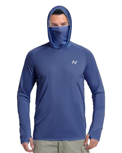 Men's UPF 50+ Sun Hoodie with Face Mask - Large Navy Blue for Fishing