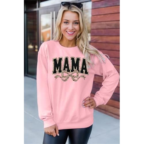 SFHFY Mama Crewneck Sweatshirt Women: Casual Mom Long Sleeve Shirt Bow Mama Letter Print Pullover Top
