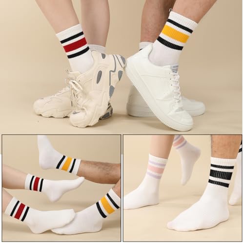 7-11 White Retro Stripe Tube Socks - Vintage Cotton Crew Socks for Women - 6 Pairs