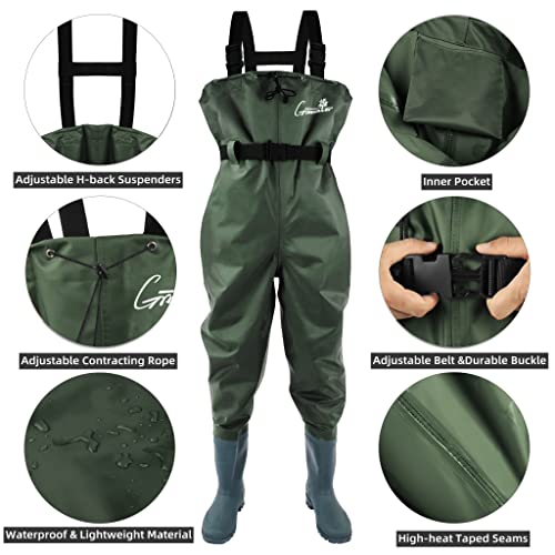Greenwater Waterproof Chest Waders for Men & Women with Boots - Green, M9/W11