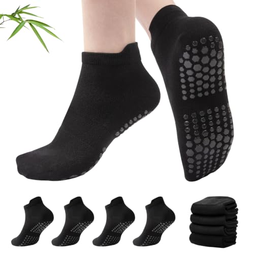 Women's Bamboo Pilates Socks with Grips - 4 Pairs, Black - CoBambooton