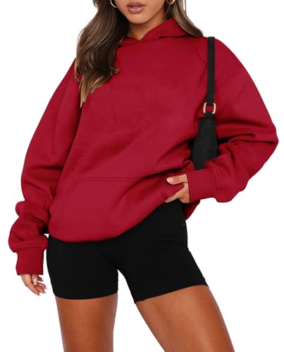 Women Pullover Hoodie Sweatshirt with Kangaroo Pocket - Red, Small