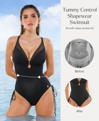 Popilush Tummy Control One-Piece Swimsuit for Women - Large Black Shapewear Bathing Suit