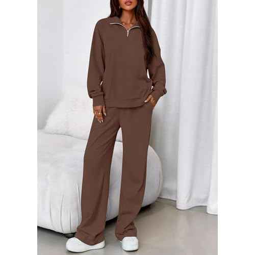 PRETTYGARDEN Womens Casual Two Piece Sets Fall 2025 Outfits Quarter Zip Sweatshirts Straight Leg Pants Sweatsuits Tracksuit