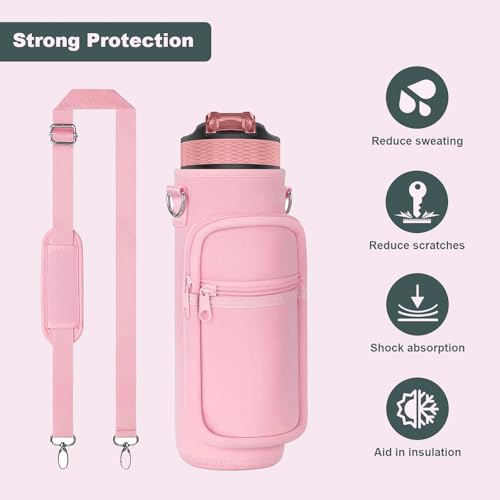 Pink 32oz Water Bottle Sling Bag with Storage Pockets & Adjustable Strap for Hiking & Gym