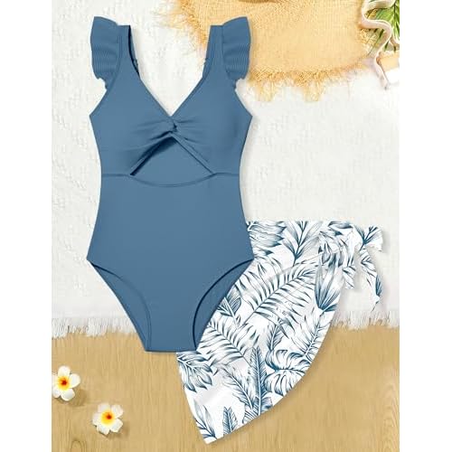 Girls One Piece Swimsuit Cut Out Ruffle Bathing Suit Twist V Neck Swimwear Solid Color with Cover Up Skirt 7-18T