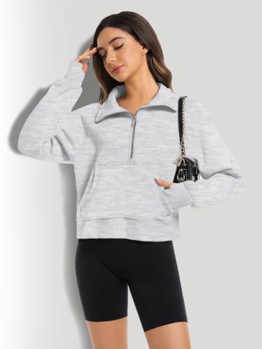 Women's Half Zip Cropped Fleece Hoodie - Small Grey Fall Fashion