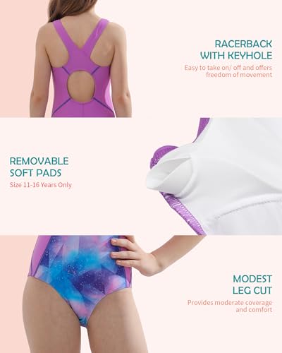 Girls One Piece Swimsuit Athletic Racerback Bathing Suit - Purple, 15-16 Years