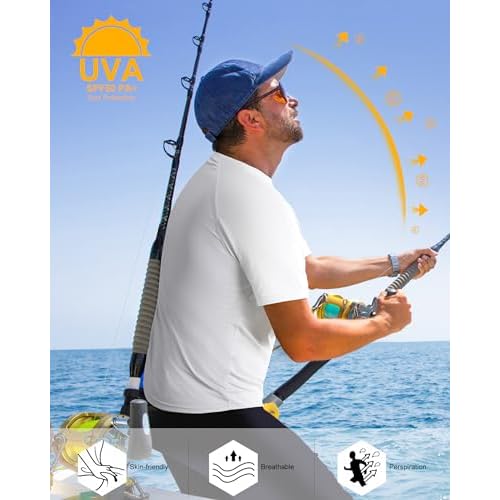 isnowood UPF 50+ Swim Shirts for Men, Sun Protection Short Sleeve Rash Guard Mens Quick Dry Surf Athletic Beach Shirt