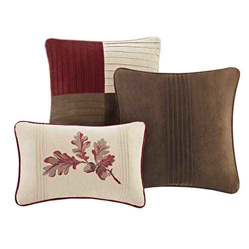 Madison Park Cozy Comforter Set Casual Blocks Design All Season, Matching Bed Skirt, Decorative Pillows, Queen(90"x90"), Red Brown, 7 Piece