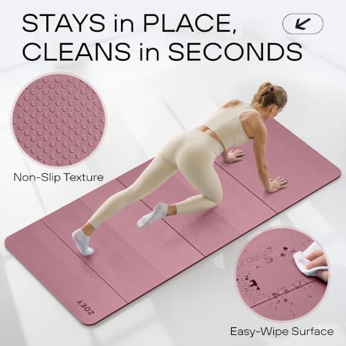 Foldable Yoga & Exercise Mat - Extra Wide 31.5 Inch XL, 74.8x31.5, Non Slip, Lightweight, Travel Friendly, Dusty Black & Smoky Pink