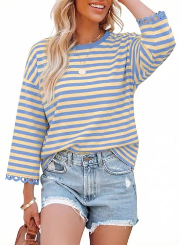 Dokotoo Women's Oversized Striped Sweatshirt Long Sleeve Crewneck X-Large Sky Blue