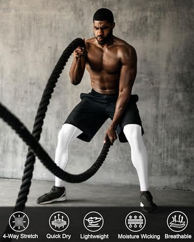 Men's Compression Running Tights - Large Black & White, Quick Dry Sport Leggings