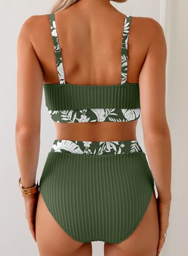 High-Waisted Floral Bikini Set for Women - Large / Army Green