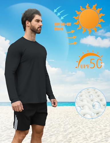Men's UPF 50+ Quick-Dry Long Sleeve Rash Guard Shirt - Black & Navy Blue, X-Large