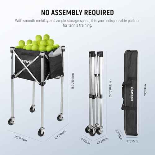 NEEWER Wheeled Ball Hopper Foldable Rolling Caddy Cart with Storage Bag, Three Accessory Side Pockets, Basket Holder for Up to 175 Tennis Balls or 120 Pickleballs, No Assembly Needed, TB02X