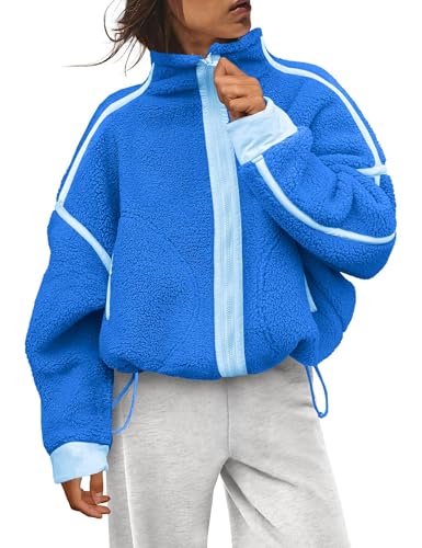 Women's Fleece Jacket Winter Sherpa Zip Up Outerwear with Pockets - Medium Blue