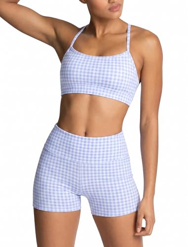 Gingham Blue Workout Sets for Women 2 Piece Sports Bra & High Waist Shorts - Medium