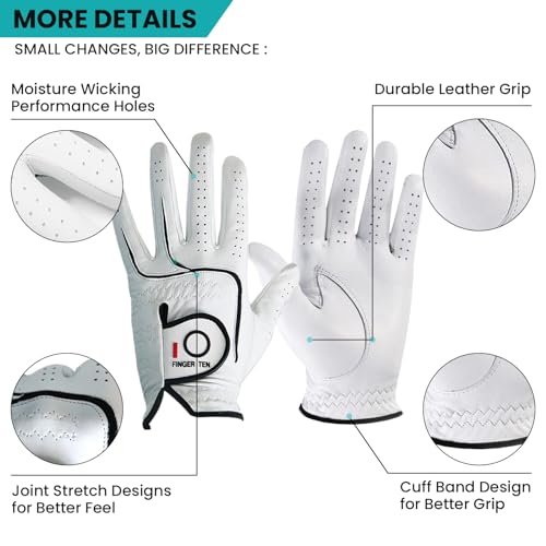 Men's Leather Golf Gloves Left Hand Large White 3 Pack - Cabretta Leather