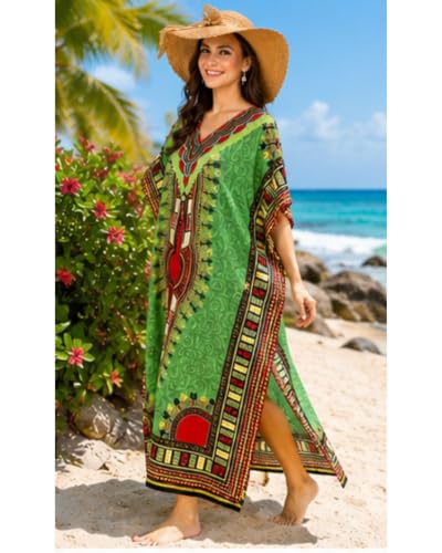 Women African Kaftan Maxi Swimsuit Beach Cover Up Nightwear Loungewear Casual Dress - Alkc-Green