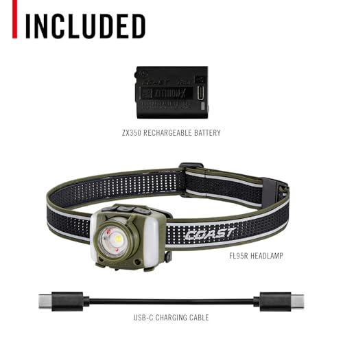 Coast FL95R 1250 Lumen Rechargeable Plus LED Headlamp with Green, Red and Area Light Modes and Glide Focus