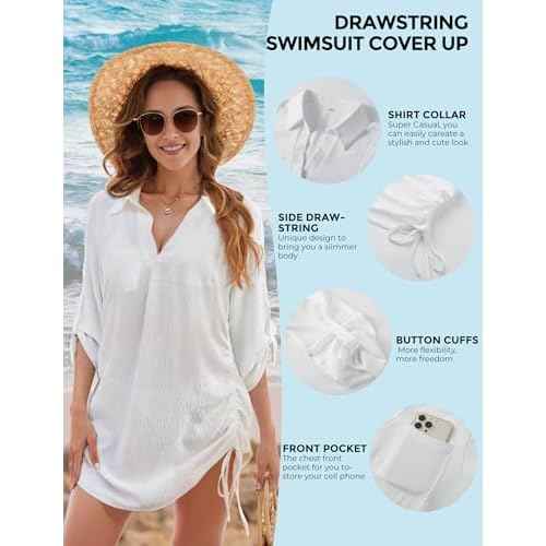 Swimsuit Coverup for Women, Drawstring Beach Bathing Suit Bikini Cover Up for Women, Sexy V Neck Beachwear Dress