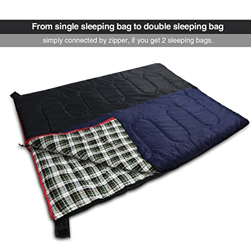 Cotton Flannel Sleeping Bag for Camping Adults 75x33 Large Envelope with Green Plaid & 2lbs Filling