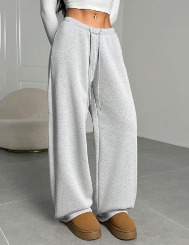 Women's Fleece Lined Sweatpants - V-Waist Wide Leg Baggy Pants Grey Medium