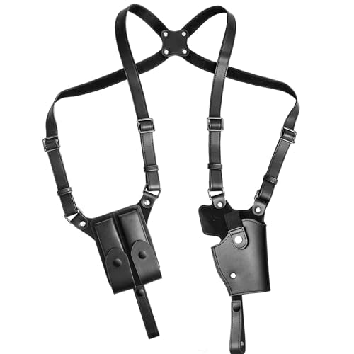 Universal Shoulder Holster for Men Adjustable Leather Gun Holster for Concealed Carry with Double Magazine Pouch Fits 1911, Glock 17/19/23, and Most Pistols (Right Hand Use)