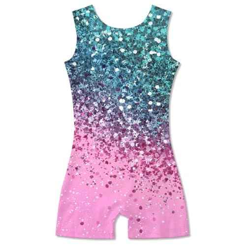 Funnycokid Girls Gymnastics Leotards with Shorts Sparkle Dance Unitards Mermaid Active Biketards 2-10 Years