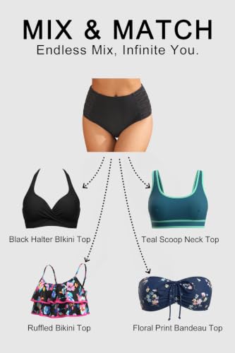 Women High Waisted Bikini Bottom Tummy Control Swim Bottom Side Mesh Large Black