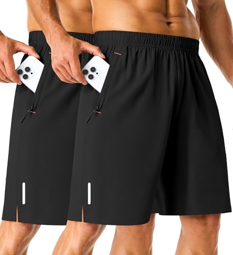 Men's Athletic Running Shorts 7 Inch Quick Dry with Zipper Pockets Large Black+Black