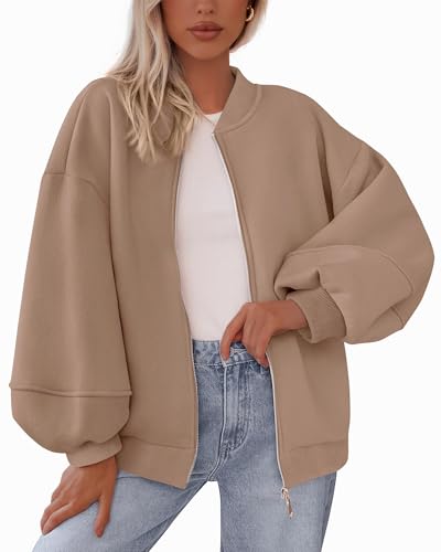 KIRUNDO Oversized Zip Up Bomber Jacket for Women Khaki Small