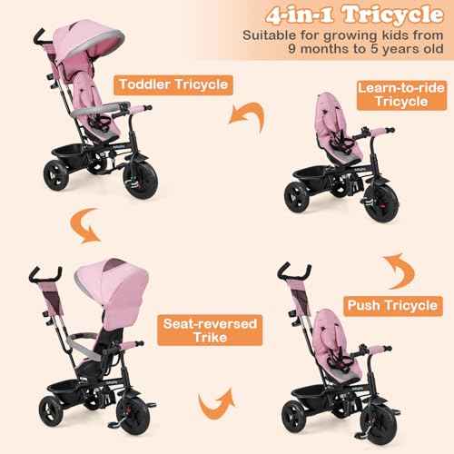 BABY JOY Tricycle, 4 in 1 Toddler Bike w/Removable Canopy, Adjustable Push Handle, Reversible Seat, Safety Belt, Folding Footrest & Storage Basket, Toddler Tricycle for Boys Girls 9-60 Months (Pink)