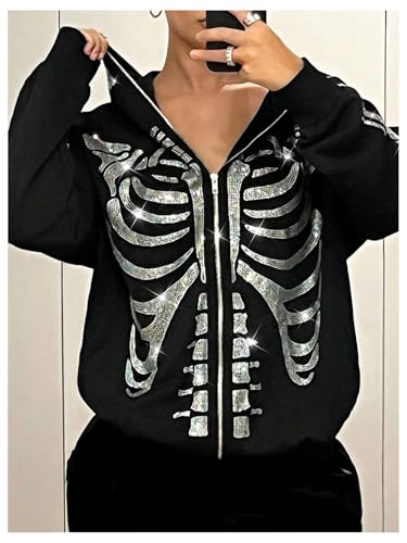 Large Black Skeleton Graphic Hoodie for Women Y2K Gothic Zip Up Sweatshirt