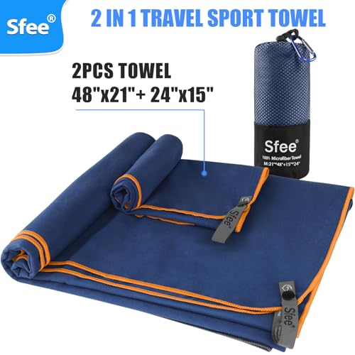 Microfiber Travel Towel Set - Navy Blue, 48x21 & 24x15 Inches, Quick Dry & Super Absorbent