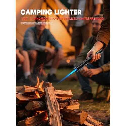 Bright Fire Torch Lighter Butane Refillable, Long Jet Flame Butane Lighter with Long Handle, Adjustable Windproof Lighters for Cooking Fireplace Camping BBQ Lighters Gift for Man (Without Fuel) Black
